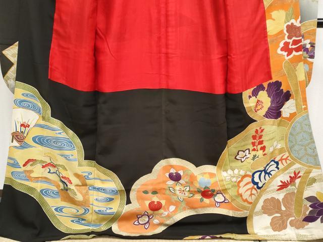 平和屋着物●極上　アンティーク　大正ロマン　振袖　駒刺繍　草花文　暈し染め　黒地　金彩　逸品　CYAA4237s6
