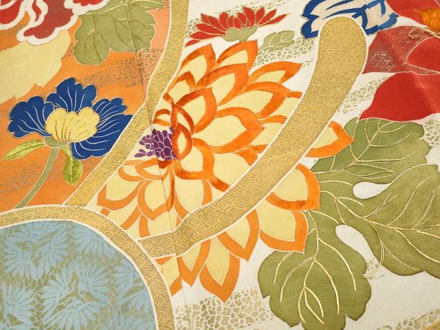 平和屋着物●極上　アンティーク　大正ロマン　振袖　駒刺繍　草花文　暈し染め　黒地　金彩　逸品　CYAA4237s6