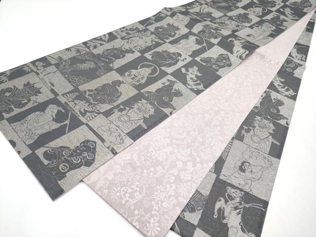 平和屋本店●極上 「美しいキモノ」お馴染みのメーカー となみ織物 両面 全通柄袋帯 総紗縫 人物文 丼鼠色地 逸品 CYAA4252s6