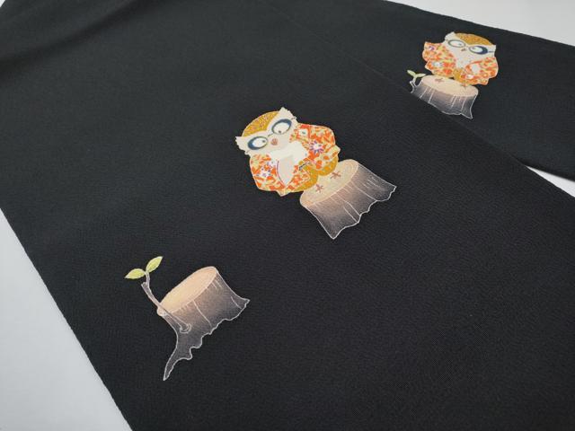 平和屋着物●極上　九寸名古屋帯　型染め　フクロウ　黒地　金彩　鬼しぼ縮緬　逸品　CYAA4255s6