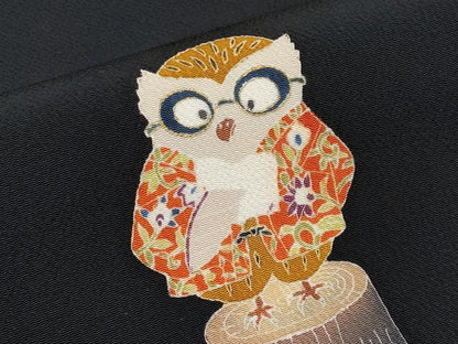 平和屋着物●極上　九寸名古屋帯　型染め　フクロウ　黒地　金彩　鬼しぼ縮緬　逸品　CYAA4255s6