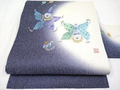平和屋着物●極上　九寸名古屋帯　作家物　手描き　ピエロ　銀通し地　深紫色地　逸品　未使用　CYAA4256s6