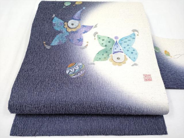 平和屋着物●極上　九寸名古屋帯　作家物　手描き　ピエロ　銀通し地　深紫色地　逸品　未使用　CYAA4256s6