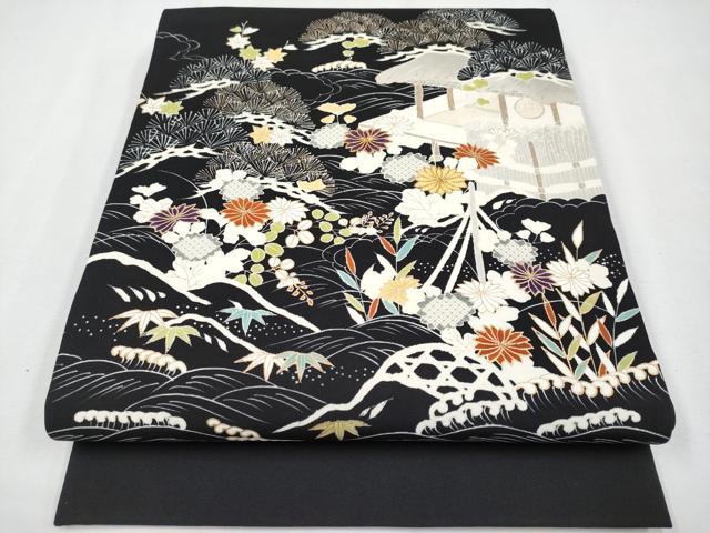 平和屋本店●極上　塩瀬　九寸開き名古屋帯　駒刺繍　御所解文　黒地　金彩　逸品　CYAA4257s6