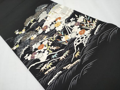 平和屋本店●極上　塩瀬　九寸開き名古屋帯　駒刺繍　御所解文　黒地　金彩　逸品　CYAA4257s6