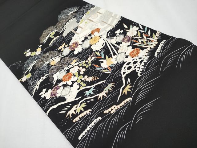 平和屋本店●極上　塩瀬　九寸開き名古屋帯　駒刺繍　御所解文　黒地　金彩　逸品　CYAA4257s6