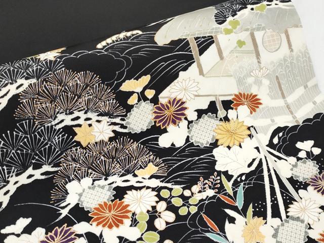 平和屋本店●極上　塩瀬　九寸開き名古屋帯　駒刺繍　御所解文　黒地　金彩　逸品　CYAA4257s6