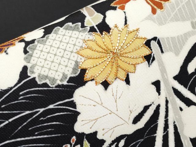 平和屋本店●極上　塩瀬　九寸開き名古屋帯　駒刺繍　御所解文　黒地　金彩　逸品　CYAA4257s6