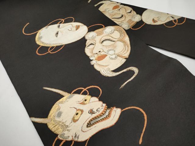 平和屋着物●極上　アンティーク　大正ロマン　九寸名古屋帯　唐織　能面　黒地　金糸　逸品　CYAA4259s6