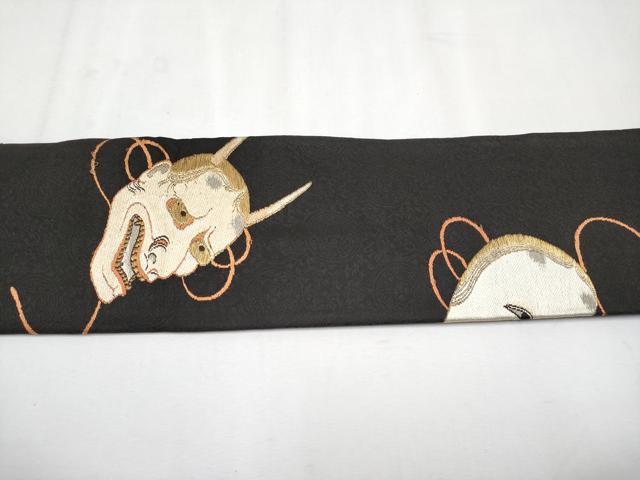 平和屋着物●極上　アンティーク　大正ロマン　九寸名古屋帯　唐織　能面　黒地　金糸　逸品　CYAA4259s6