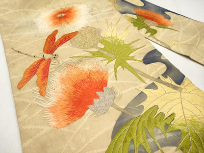 平和屋着物＊極上 夏物 アンティーク 大正ロマン 九寸名古屋帯 総刺繍 トンボ タンポポ 金銀糸 逸品 CYAA4264s6