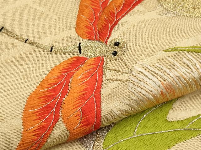 平和屋着物＊極上 夏物 アンティーク 大正ロマン 九寸名古屋帯 総刺繍 トンボ タンポポ 金銀糸 逸品 CYAA4264s6
