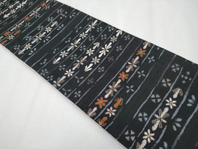 平和屋着物●極上 両面 半幅帯 唐織 横段花文 黒地 金糸 逸品 CYAA4268s6