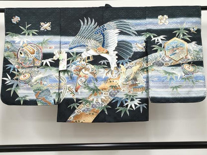 平和屋本店■極上　七五三　男の子　3歳　祝着・襦袢・羽織・行灯袴・草履・小物セット　鷹　兜　金彩　洗える着物　逸品　新品 CYAA4276s6