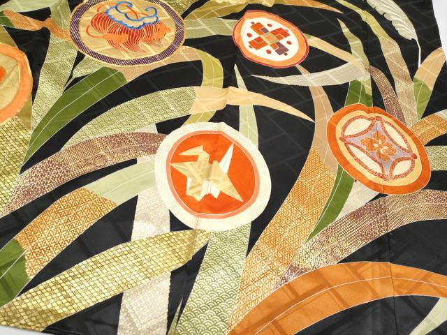 平和屋本店●極上 振袖 駒刺繍 吉祥花蝶丸文 黒地 金彩 逸品 CYAA4280s6