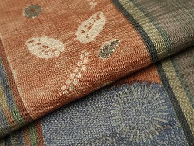 平和屋着物●極上　伝統工芸士　七代目　吉澤与市　紬　絞り　型染め　花唐草間道　証紙付き　逸品　CYAA4286s6