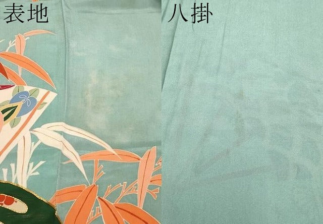 平和屋着物●極上　アンティーク　大正ロマン　振袖　駒刺繍　扇面吉祥花文　金彩　千草色地　逸品　CYAA4288s6