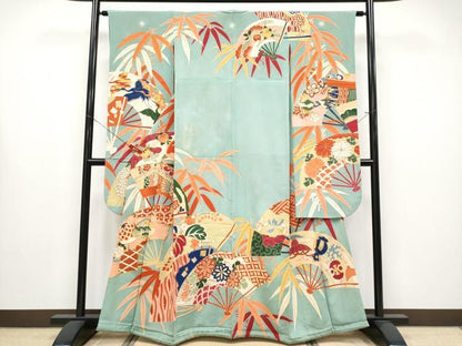 平和屋着物●極上　アンティーク　大正ロマン　振袖　駒刺繍　扇面吉祥花文　金彩　千草色地　逸品　CYAA4288s6