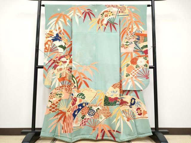 平和屋着物●極上　アンティーク　大正ロマン　振袖　駒刺繍　扇面吉祥花文　金彩　千草色地　逸品　CYAA4288s6