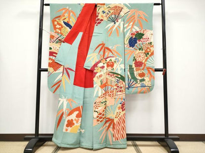 平和屋着物●極上　アンティーク　大正ロマン　振袖　駒刺繍　扇面吉祥花文　金彩　千草色地　逸品　CYAA4288s6
