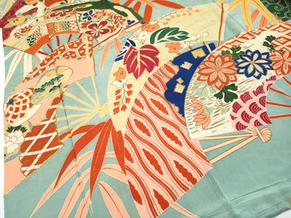 平和屋着物●極上　アンティーク　大正ロマン　振袖　駒刺繍　扇面吉祥花文　金彩　千草色地　逸品　CYAA4288s6