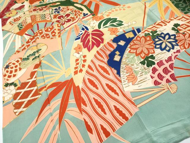 平和屋着物●極上　アンティーク　大正ロマン　振袖　駒刺繍　扇面吉祥花文　金彩　千草色地　逸品　CYAA4288s6