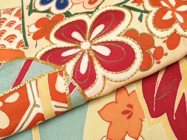 平和屋着物●極上　アンティーク　大正ロマン　振袖　駒刺繍　扇面吉祥花文　金彩　千草色地　逸品　CYAA4288s6