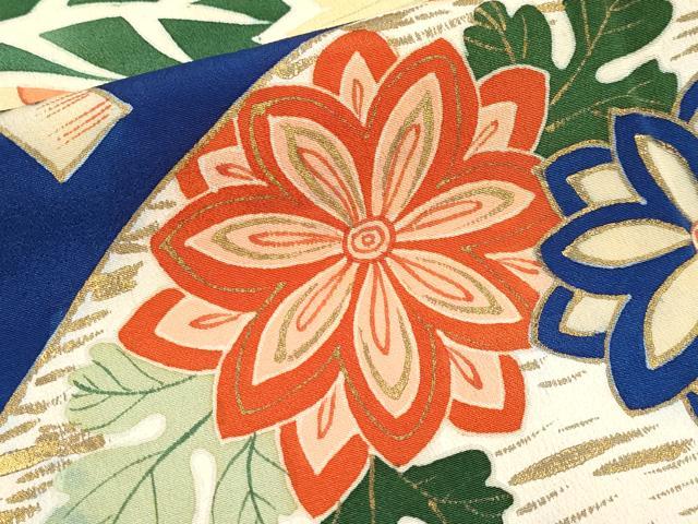 平和屋着物●極上　アンティーク　大正ロマン　振袖　駒刺繍　扇面吉祥花文　金彩　千草色地　逸品　CYAA4288s6