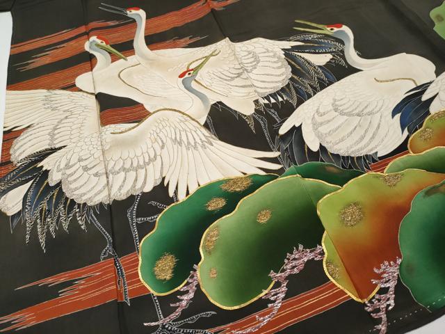 平和屋着物●極上　アンティーク　大正ロマン　中国三大刺繍　相良刺繍　黒留袖　駒刺繍　群鶴枝松文　金彩　逸品　CYAA4289s6