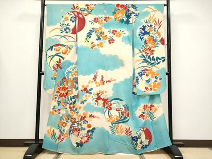 平和屋本店＊極上　夏物　アンティーク　大正ロマン　振袖　駒刺繍　絽縮緬　雲取り花丸文　白群色地　逸品　CYAA4300s6