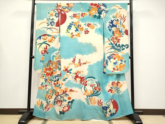 平和屋本店＊極上　夏物　アンティーク　大正ロマン　振袖　駒刺繍　絽縮緬　雲取り花丸文　白群色地　逸品　CYAA4300s6