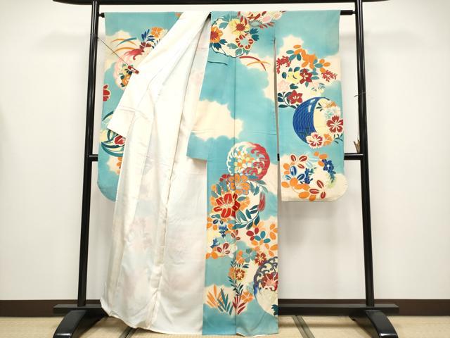 平和屋本店＊極上　夏物　アンティーク　大正ロマン　振袖　駒刺繍　絽縮緬　雲取り花丸文　白群色地　逸品　CYAA4300s6