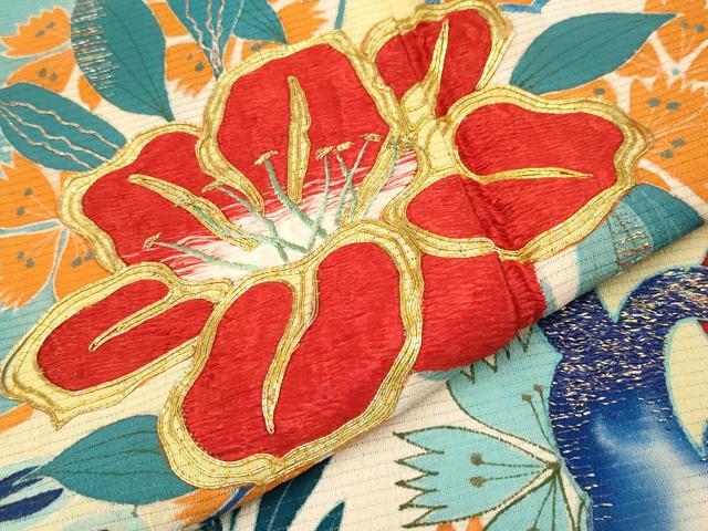 平和屋本店＊極上　夏物　アンティーク　大正ロマン　振袖　駒刺繍　絽縮緬　雲取り花丸文　白群色地　逸品　CYAA4300s6