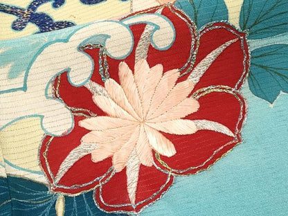 平和屋本店＊極上　夏物　アンティーク　大正ロマン　振袖　駒刺繍　絽縮緬　雲取り花丸文　白群色地　逸品　CYAA4300s6