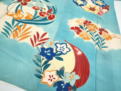 平和屋本店＊極上　夏物　アンティーク　大正ロマン　振袖　駒刺繍　絽縮緬　雲取り花丸文　白群色地　逸品　CYAA4300s6