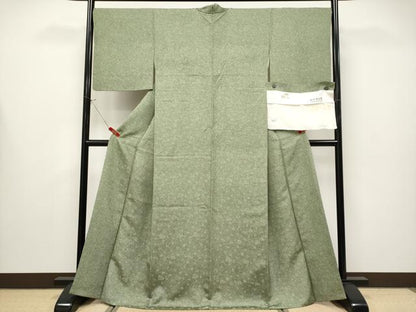 平和屋着物●極上　人間国宝・羽田登喜男　お召　本唐織　鴛鴦地紋　たたき染め　鶸茶色地　反端付き　逸品　CYAA4318s6