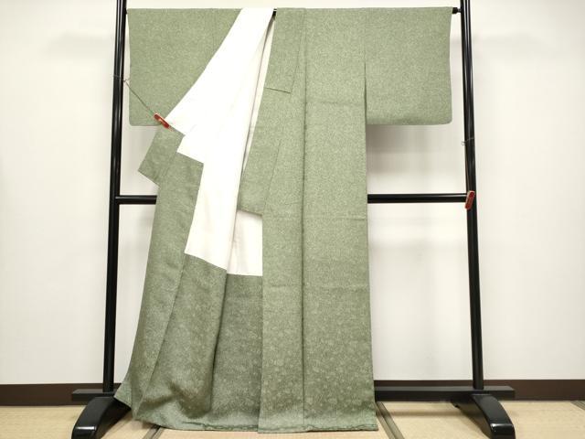 平和屋着物●極上　人間国宝・羽田登喜男　お召　本唐織　鴛鴦地紋　たたき染め　鶸茶色地　反端付き　逸品　CYAA4318s6
