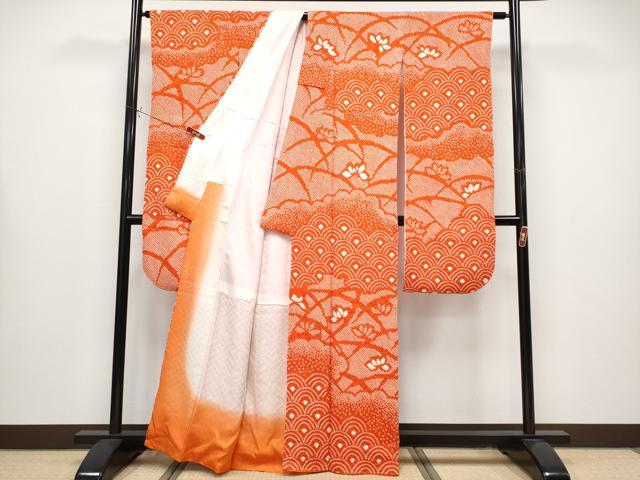 平和屋着物●極上　振袖　総絞り　雲取り青海波花文　赤橙色地　逸品　CYAA4329s6