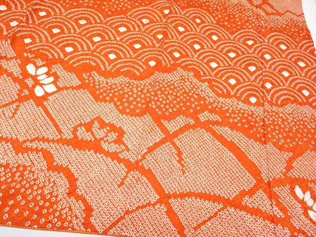 平和屋着物●極上　振袖　総絞り　雲取り青海波花文　赤橙色地　逸品　CYAA4329s6