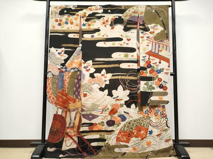 平和屋着物●極上　アンティーク　大正ロマン　振袖　駒刺繍　御所車枝花文　金彩　逸品　CYAA4332s6