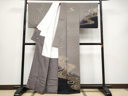 平和屋着物●極上　印傳　訪問着　江戸小紋　流水花唐草文　万筋　黒紅色×白　金彩　さが美扱い　逸品　CYAA4334s6