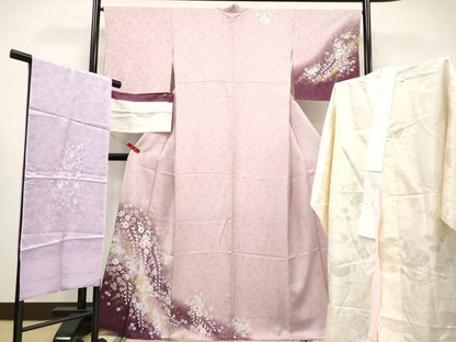 平和屋着物●極上 越後十日町の一流染匠 桐屋・翠山工房 訪問着・長襦袢・帯揚げセット 螺鈿 辻が花 暈し染 金銀彩 薄桜色 逸品 CYAA4340s6