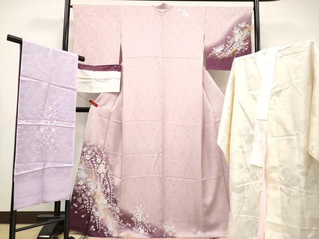 平和屋着物●極上 越後十日町の一流染匠 桐屋・翠山工房 訪問着・長襦袢・帯揚げセット 螺鈿 辻が花 暈し染 金銀彩 薄桜色 逸品 CYAA4340s6