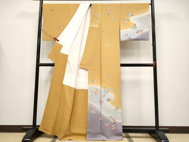 平和屋着物●極上　訪問着　作家物　型染め　成り物　花鳥蝶文　暈し染め　狐色地　逸品　CYAA4348s6
