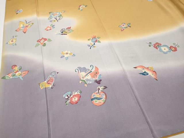 平和屋着物●極上　訪問着　作家物　型染め　成り物　花鳥蝶文　暈し染め　狐色地　逸品　CYAA4348s6