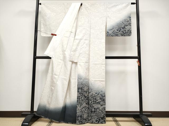 平和屋着物▽極上 訪問着 本場縞大島紬 単衣 草木小紋 花鳥風景文 武島織物謹製 証紙付き 逸品 未使用 CYAA4350s6