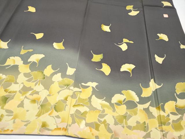 平和屋本店●極上　名門染元　秀美　十日町友禅　訪問着　銀杏　暈し染め　黒橡色地　逸品　CYAA4351s6
