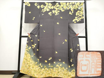 平和屋本店●極上　名門染元　秀美　十日町友禅　訪問着　銀杏　暈し染め　黒橡色地　逸品　CYAA4351s6