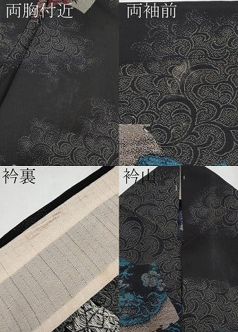 平和屋着物＊極上 夏物 アンティーク 大正ロマン お召 唐獅子 龍 黒地 銀糸 逸品 CYAA4356s6
