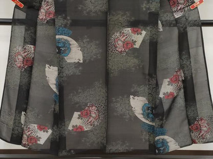 平和屋着物＊極上 夏物 アンティーク 大正ロマン お召 唐獅子 龍 黒地 銀糸 逸品 CYAA4356s6